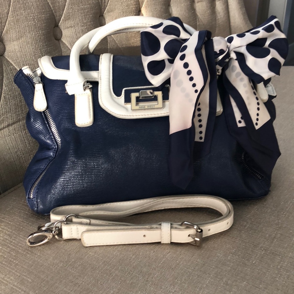 Blue and white handbag